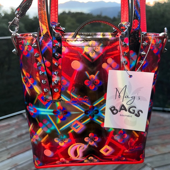 Louboutin: Holographic Patent Cabata Spiked Leather Mini Tote Crossbody Bag - Picture 7 of 17